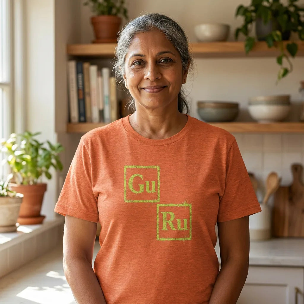 GURU tee in Heather Orange — aunty kitchen 01