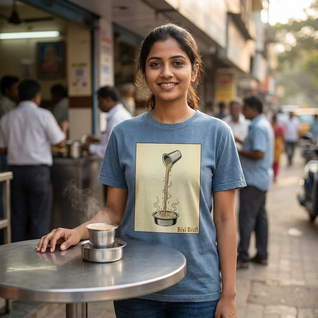 Bisi Bisi tee in washed denim — darshini table outdoor 01