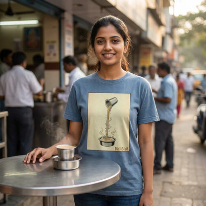 Bisi Bisi tee in washed denim — darshini table outdoor 01