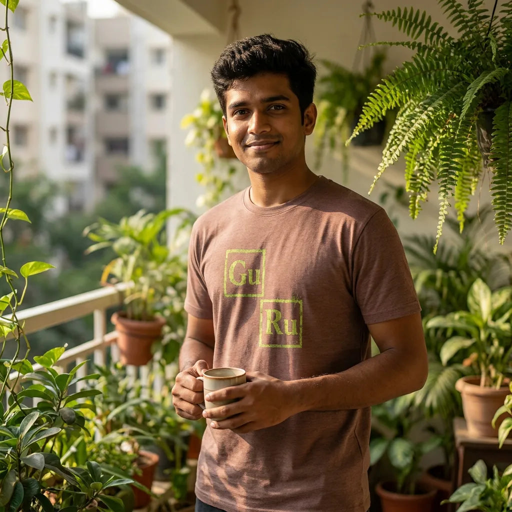GURU tee in Heather Clay — balcony man 01