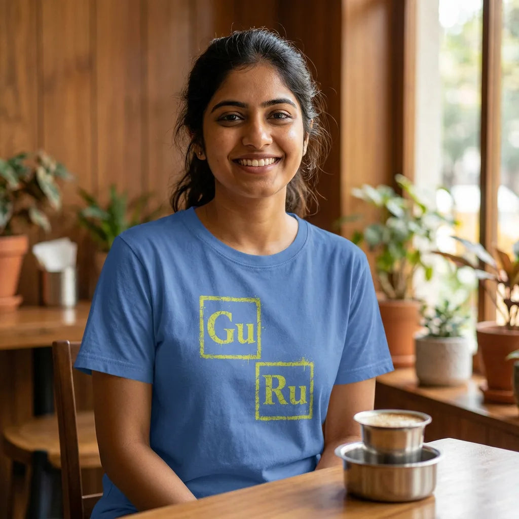 GURU tee in Columbia Blue — cafe woman 01