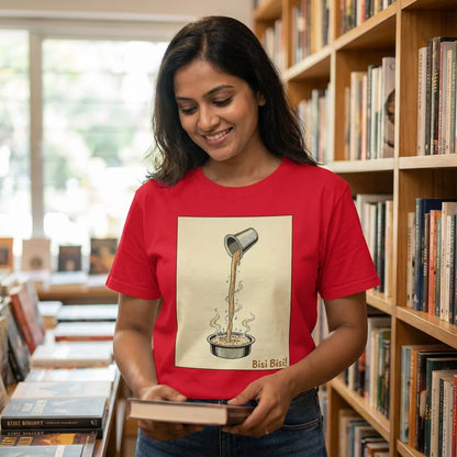 Bisi Bisi tee in Red — bookstore woman 30s 01