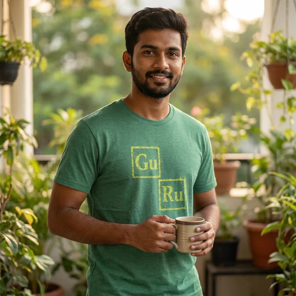 GURU tee in Heather Grass Green — balcony man 01