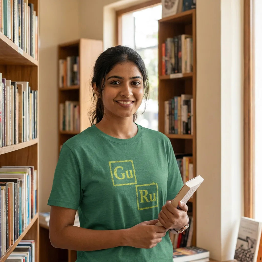 GURU tee in Heather Grass Green — bookshop woman 01