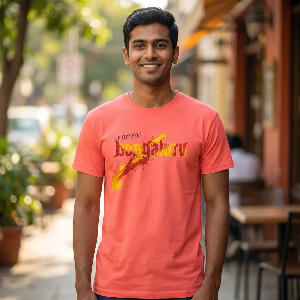 Namma Bengaluru tee in bright salmon — front facing 01
