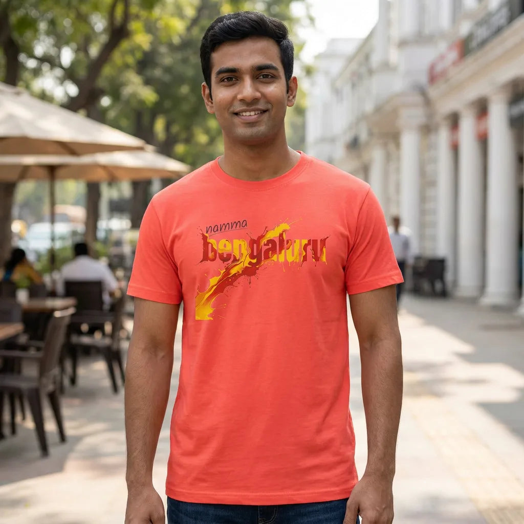 Namma Bengaluru tee in neon red orange — front facing 01