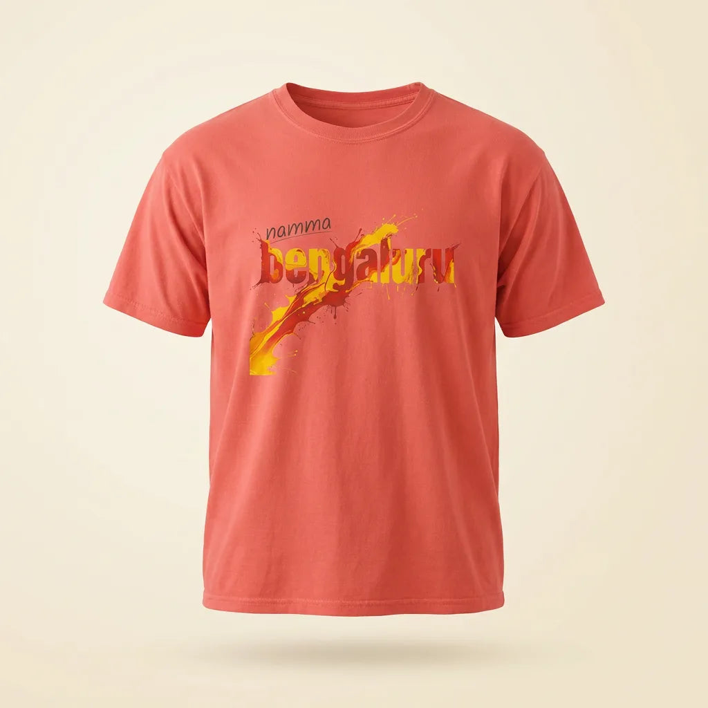 Namma Bengaluru neon red orange tee, plain product shot
