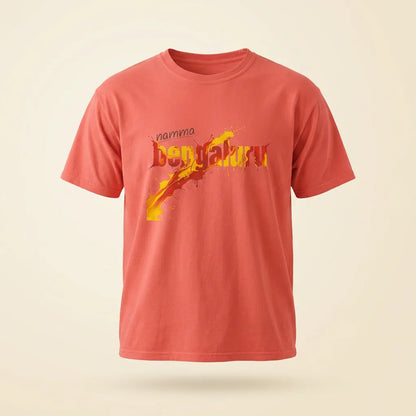 Namma Bengaluru neon red orange tee, plain product shot