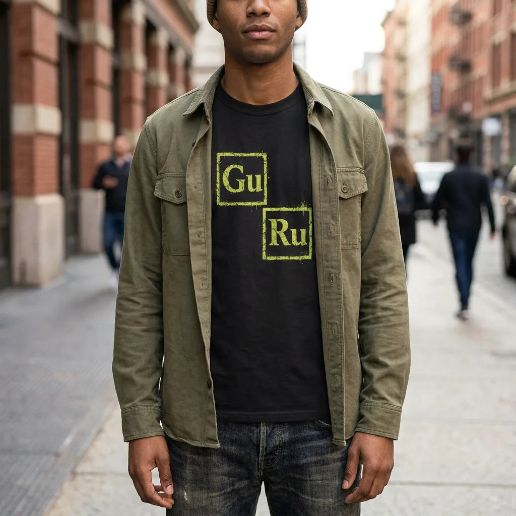 GURU tee styled with an open overshirt