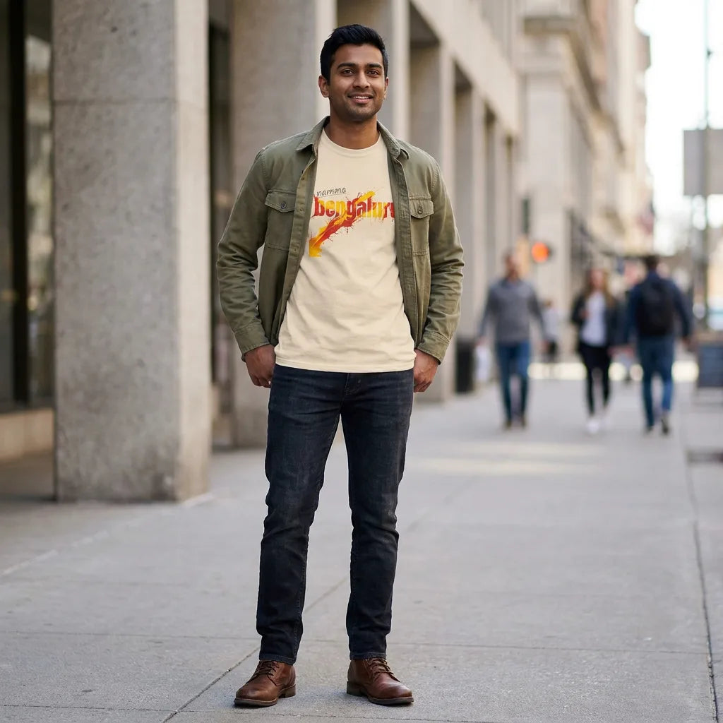 Namma Bengaluru tee styled with an open overshirt